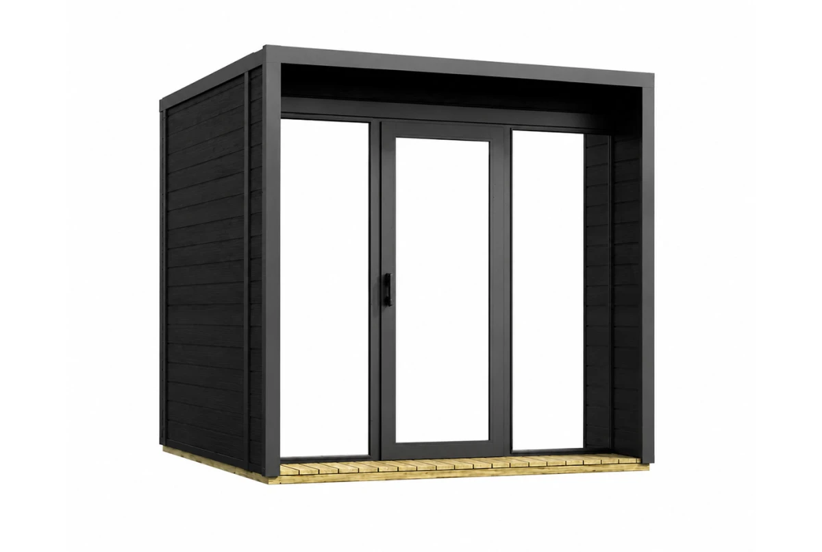 Sauna cabine extérieure à toit plat NORDIK S – 5,71 m² – Bois thermotraité noir – Madriers 70 mm contrecollés