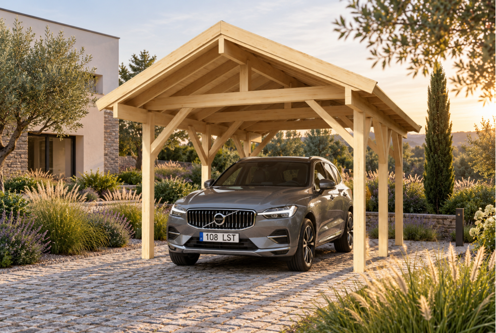 Carport bois brut 1 voiture toit double pente TERRA 18 - 3,6 x 5,1 m - Épicéa