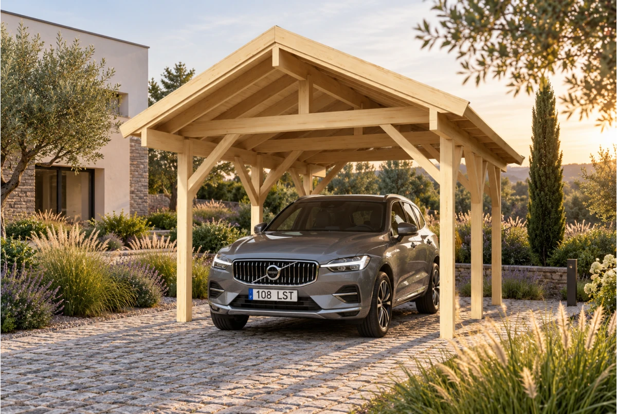 Carport bois brut 1 voiture toit double pente TERRA 18 - 3,6 x 5,1 m - Épicéa