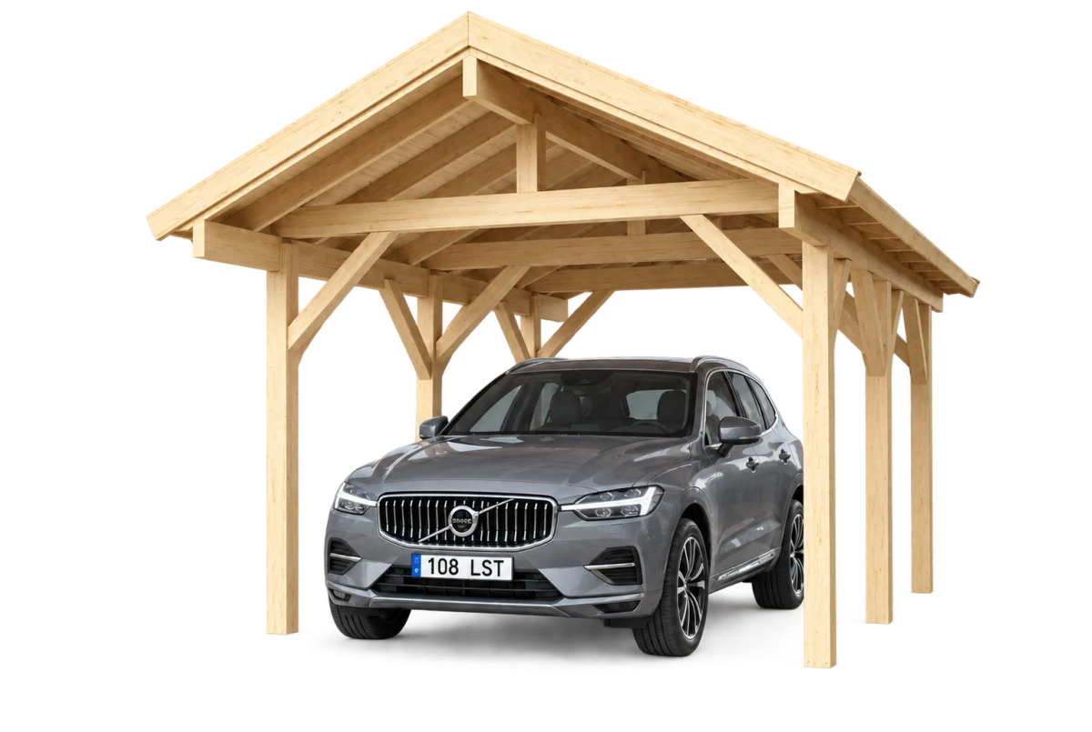 Carport bois brut 1 voiture toit double pente TERRA 18 - 3,6 x 5,1 m - Épicéa