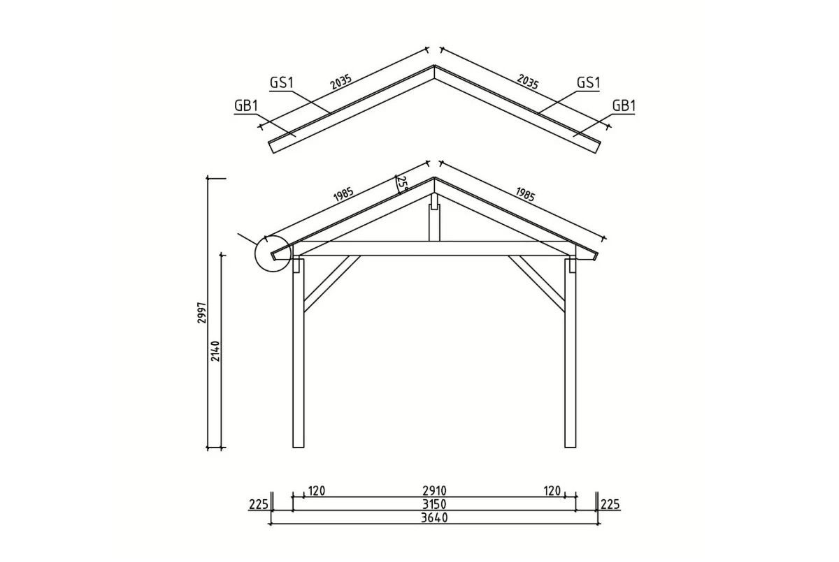 Carport bois brut 1 voiture toit double pente TERRA 18 - 3,6 x 5,1 m - Épicéa