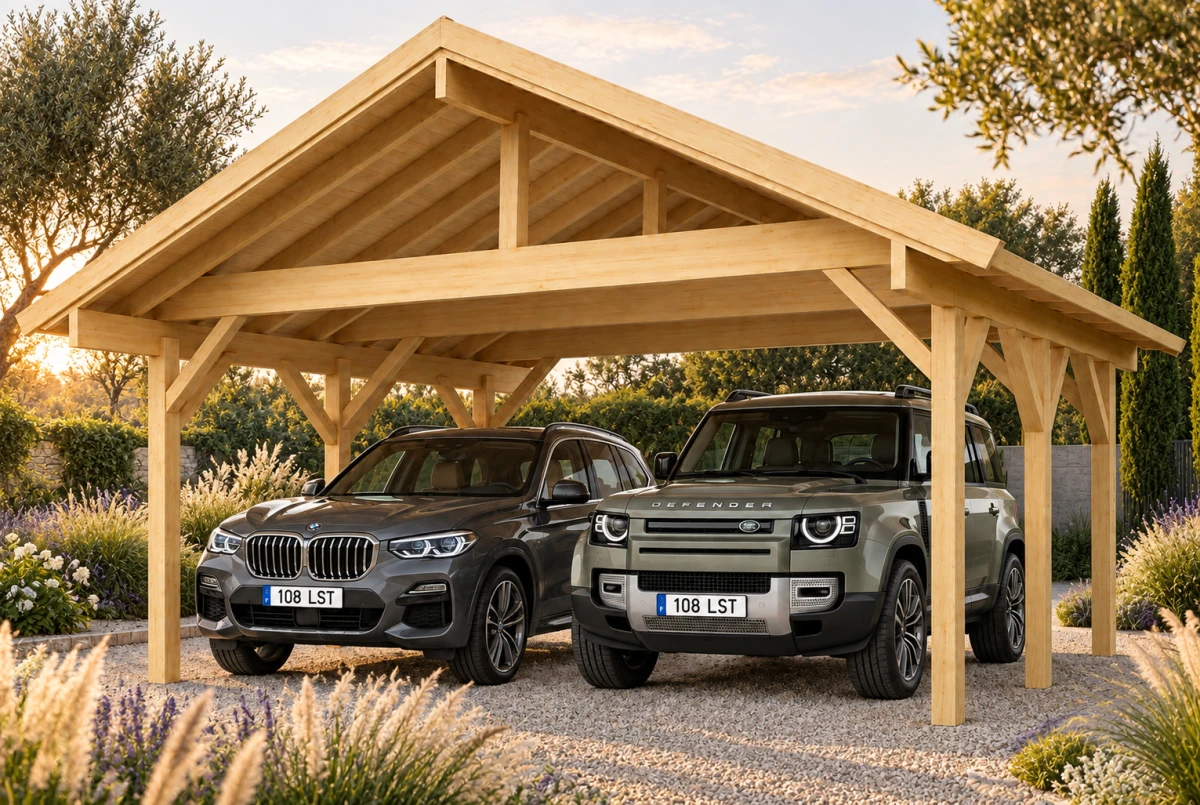 Carport bois brut 2 voitures toit double pente TERRA 32 - 6,4 x 5,1 m - Épicéa
