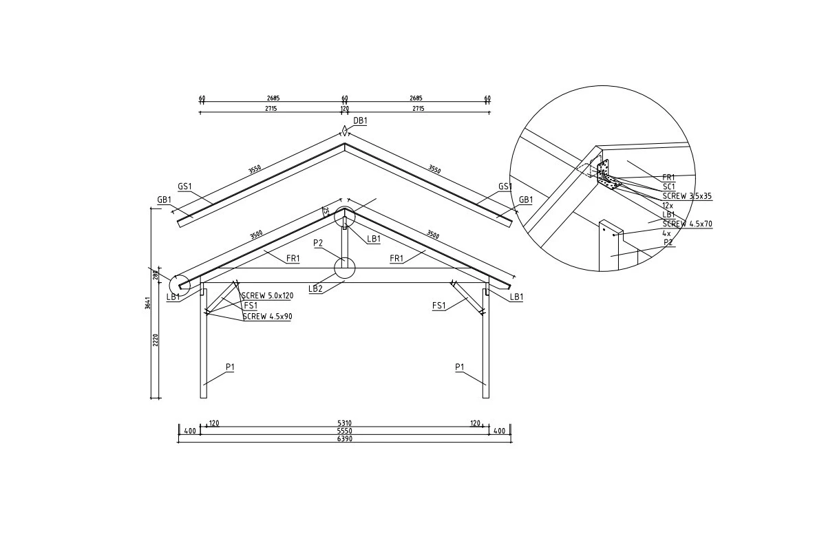 Carport bois brut 2 voitures toit double pente TERRA 32 - 6,4 x 5,1 m - Épicéa