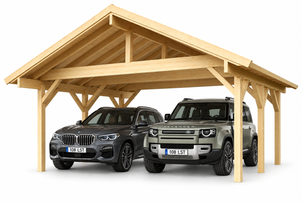 Carport bois brut 2 voitures toit double pente TERRA 32 - 6,4 x 5,1 m - Épicéa