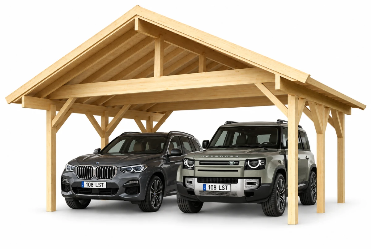 Carport bois brut 2 voitures toit double pente TERRA 32 - 6,4 x 5,1 m - Épicéa