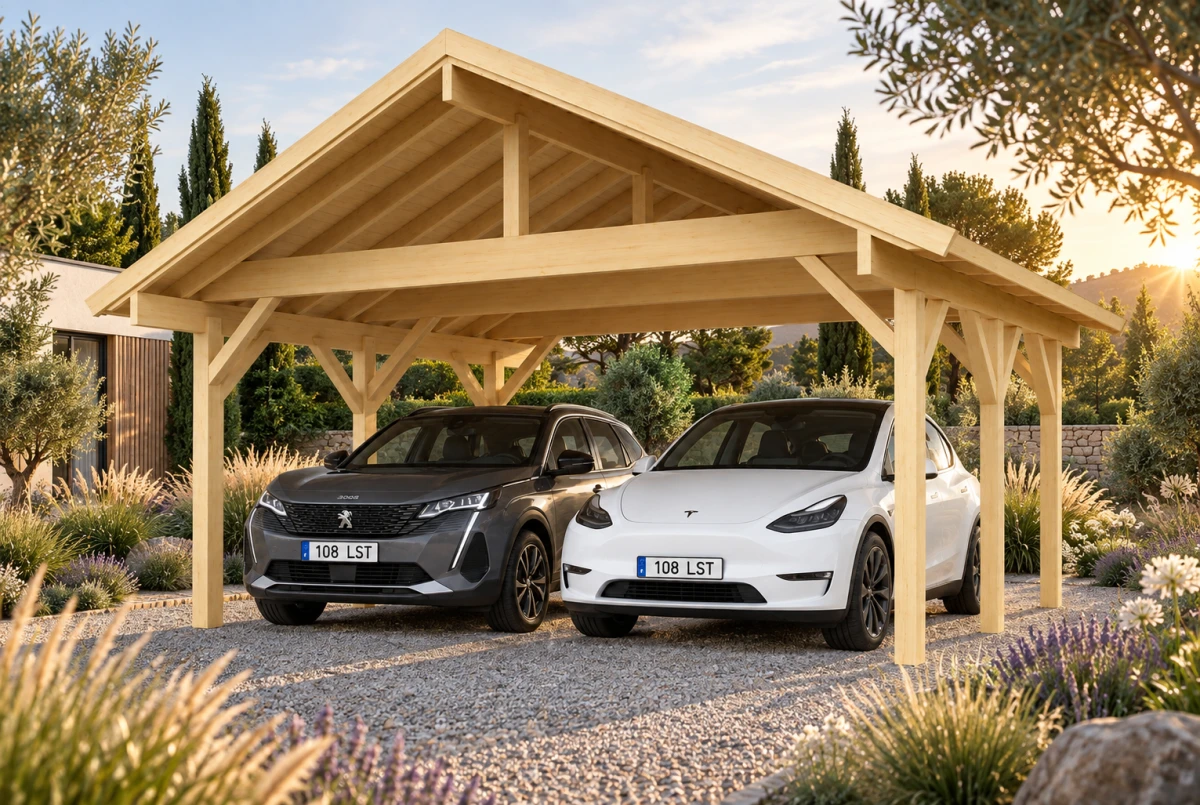Carport bois brut 2 voitures toit double pente TERRA 40 - 6,8 x 6 m - Épicéa
