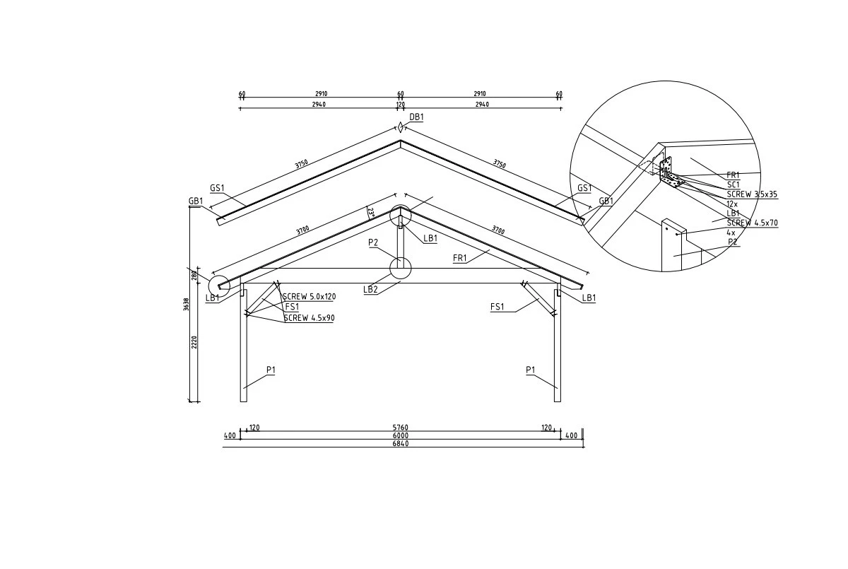 Carport bois brut 2 voitures toit double pente TERRA 40 - 6,8 x 6 m - Épicéa