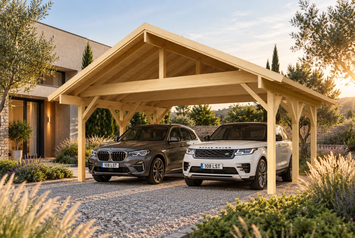 Carport bois brut 2 voitures toit double pente TERRA 34 - 5,6 x 6 m - Épicéa