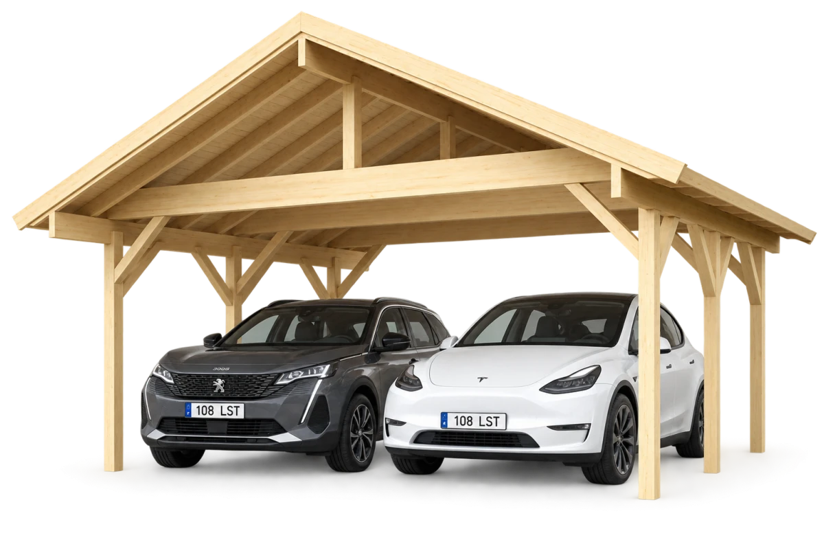 Carport bois brut 2 voitures toit double pente TERRA 34 - 5,6 x 6 m - Épicéa