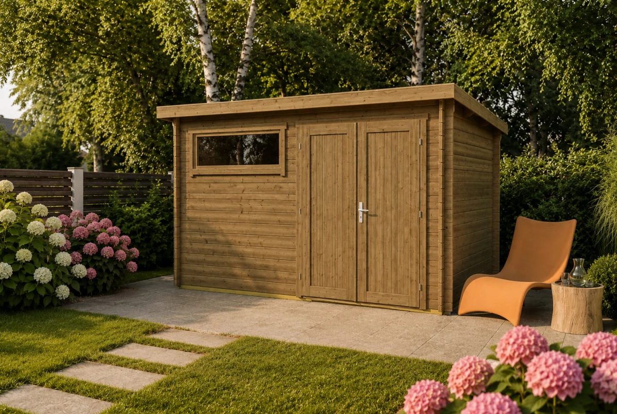 Abri de jardin bois traité autoclave ALIZÉ E - Toit plat - 9,87 m² - Madriers 28 mm