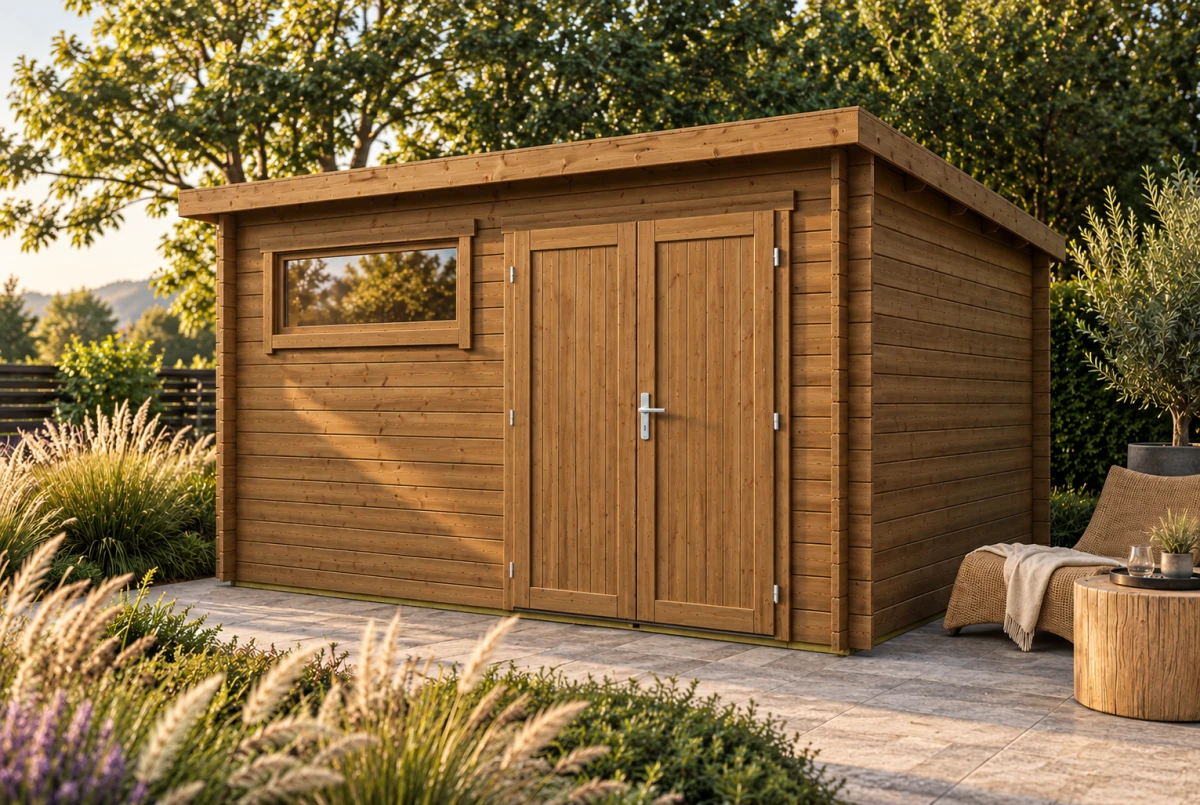 Abri de jardin bois traité autoclave ALIZÉ G - Toit plat - 15,40 m² - Madriers 28 mm