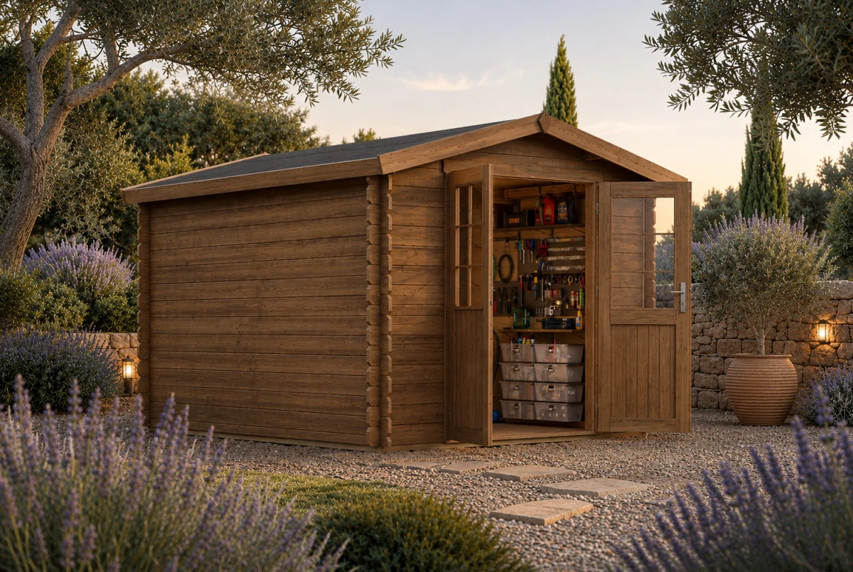 Abri de jardin bois traité autoclave ORIGINE 5A - Toit double pente - 10,92 m² - Madriers 28 mm