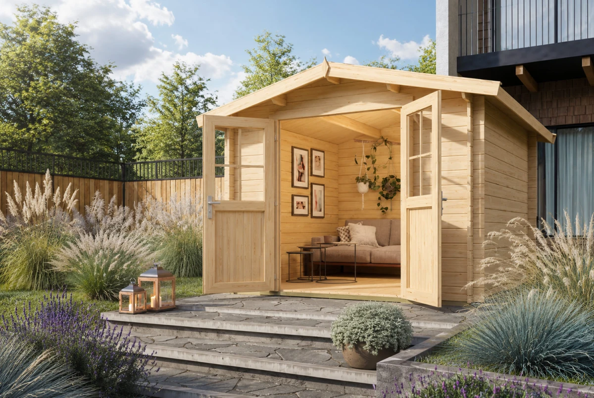 Abri de jardin bois brut ORIGINE 3D - Toit double pente - 7,31 m² - Madriers 28 mm