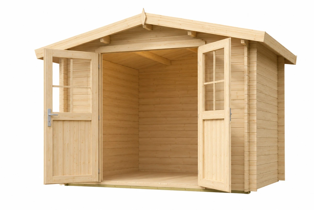 Abri de jardin bois brut ORIGINE 3D - Toit double pente - 7,31 m² - Madriers 28 mm