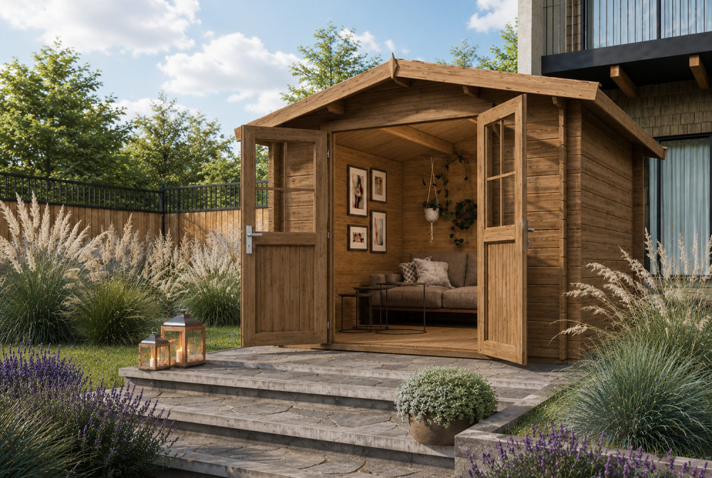 Abri de jardin bois traité autoclave ORIGINE 3D - Toit double pente - 7,31 m² - Madriers 28 mm