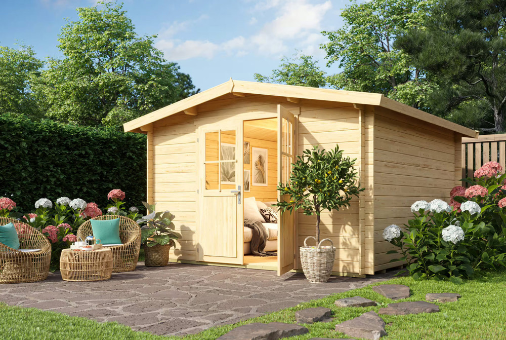 Abri de jardin bois brut ORIGINE 4D - Toit double pente - 8,93 m² - Madriers 28 mm