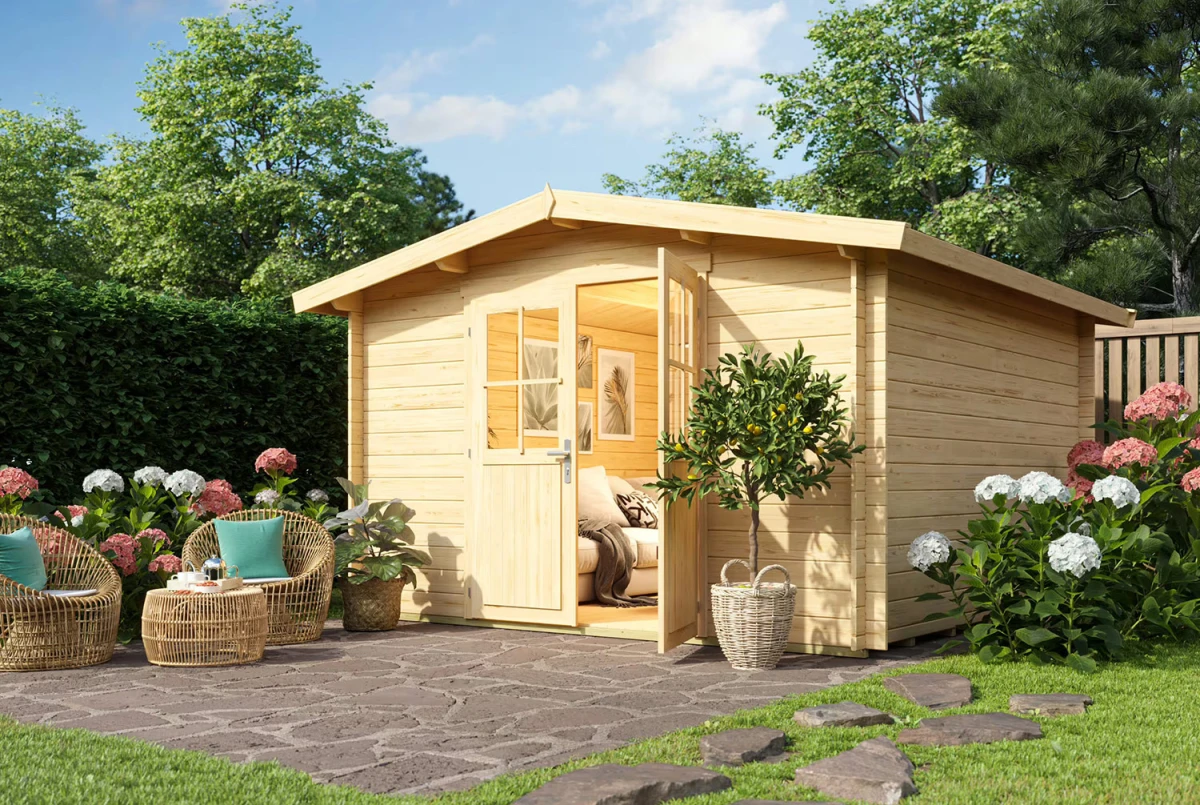 Abri de jardin bois brut ORIGINE 4D - Toit double pente - 8,93 m² - Madriers 28 mm