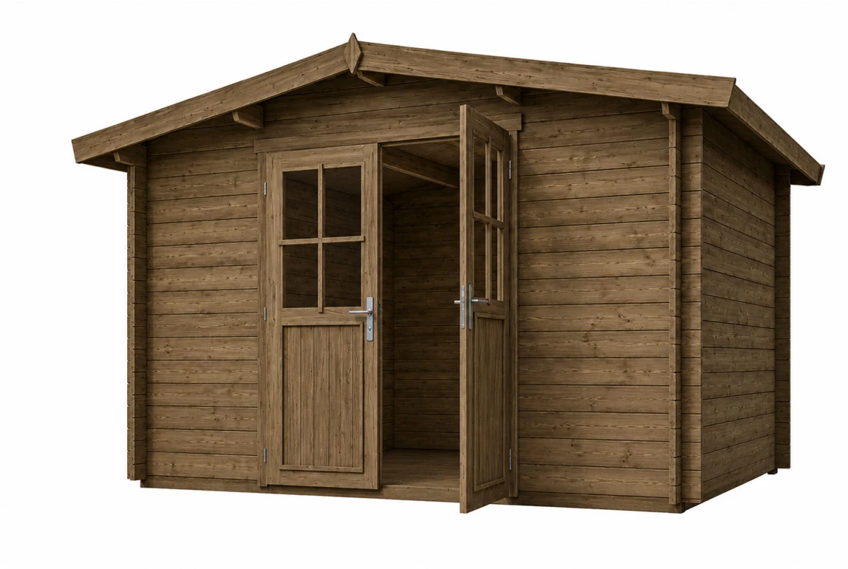 Abri de jardin bois traité autoclave ORIGINE 4D - Toit double pente - 8,93 m² - Madriers 28 mm