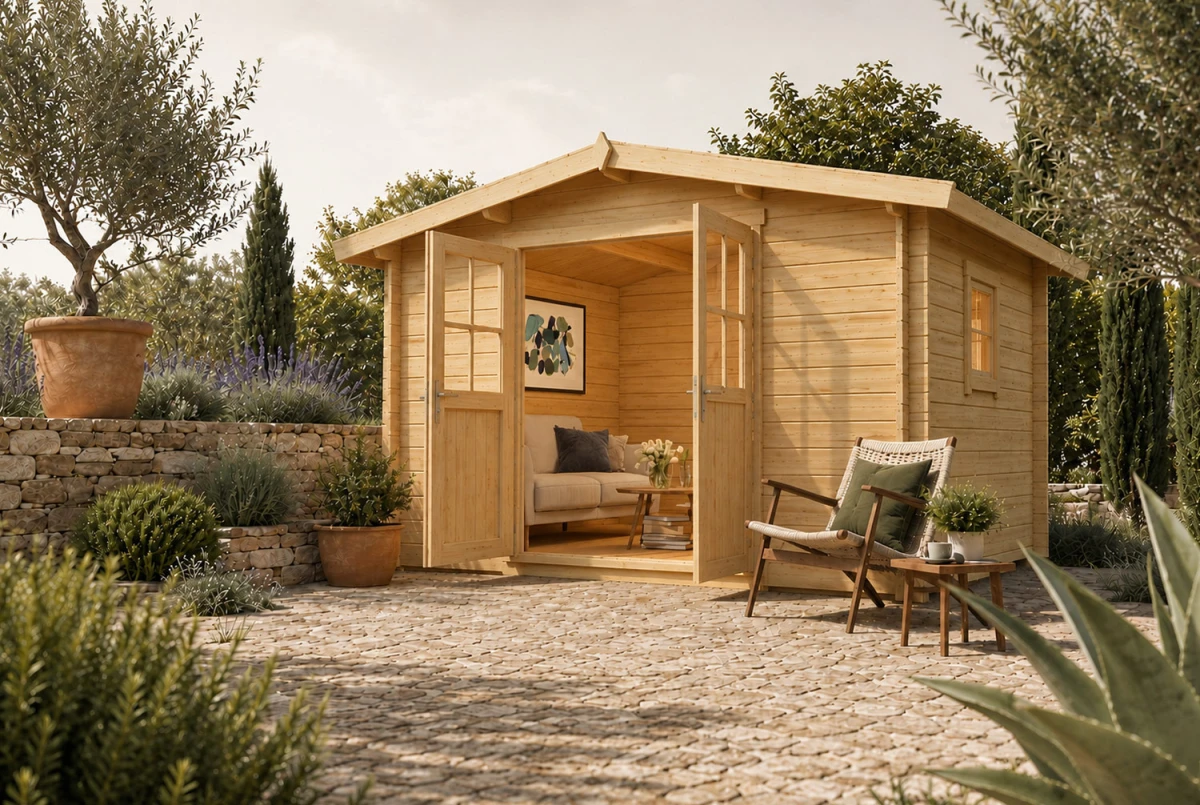 Abri de jardin bois brut ORIGINE 4E - Toit double pente - 8,93 m² - Madriers 28 mm