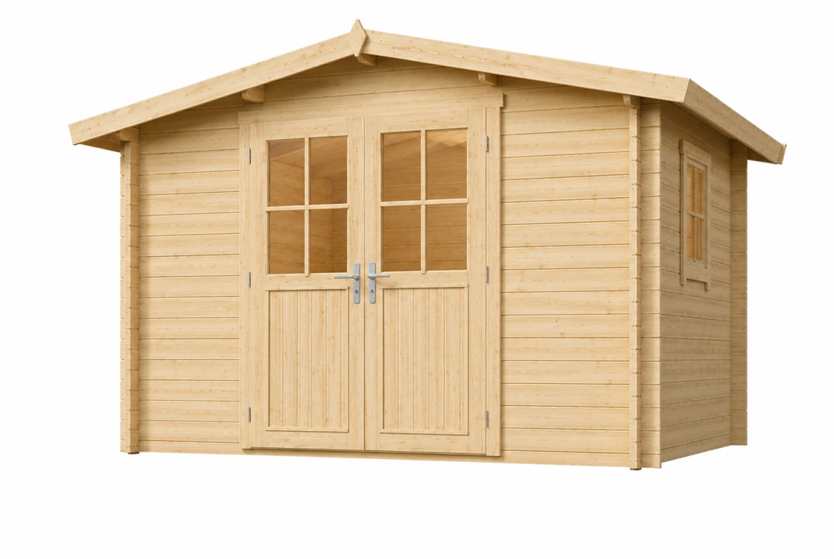 Abri de jardin bois brut ORIGINE 4E - Toit double pente - 8,93 m² - Madriers 28 mm