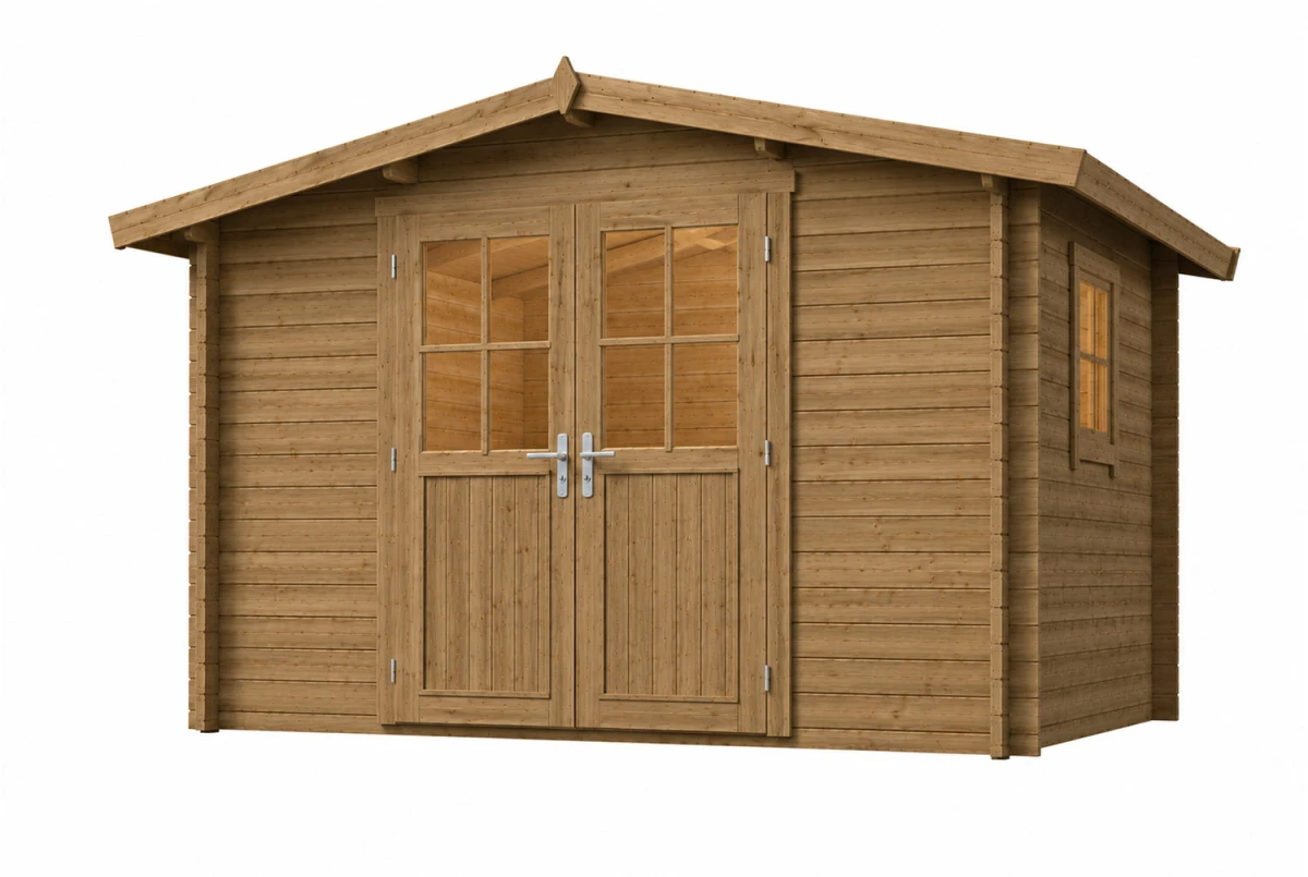 Abri de jardin bois traité autoclave ORIGINE 4E - Toit double pente - 8,93 m² - Madriers 28 mm