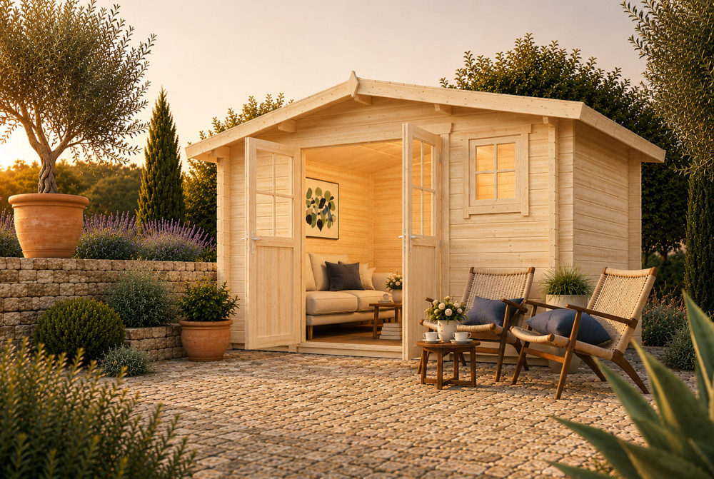 Abri de jardin bois brut ORIGINE 4F - Toit double pente - 8,93 m² - Madriers 28 mm