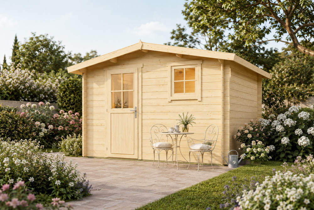 Abri de jardin bois brut ORIGINE 5B - Toit double pente - 10,92 m² - Madriers 28 mm