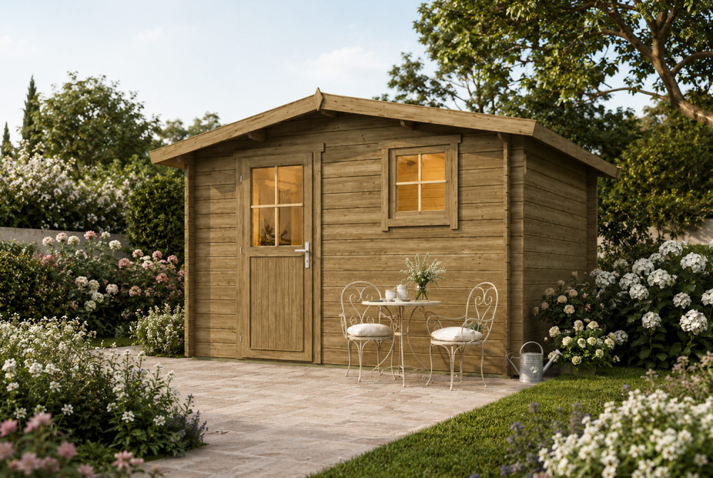 Abri de jardin bois traité autoclave ORIGINE 5B - Toit double pente - 10,92 m² - Madriers 28 mm