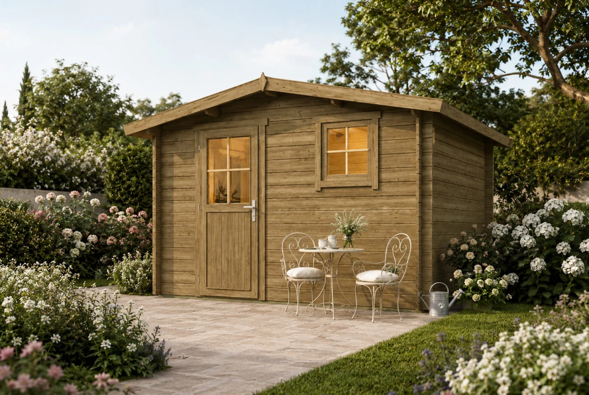 Abri de jardin bois traité autoclave ORIGINE 5B - Toit double pente - 10,92 m² - Madriers 28 mm