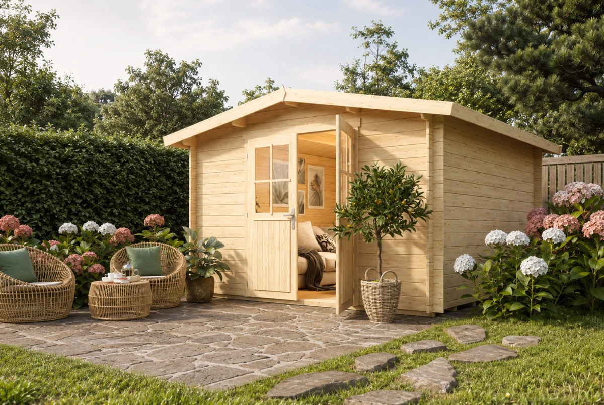 Abri de jardin bois brut ORIGINE 5D - Toit double pente - 10,92 m² - Madriers 28 mm