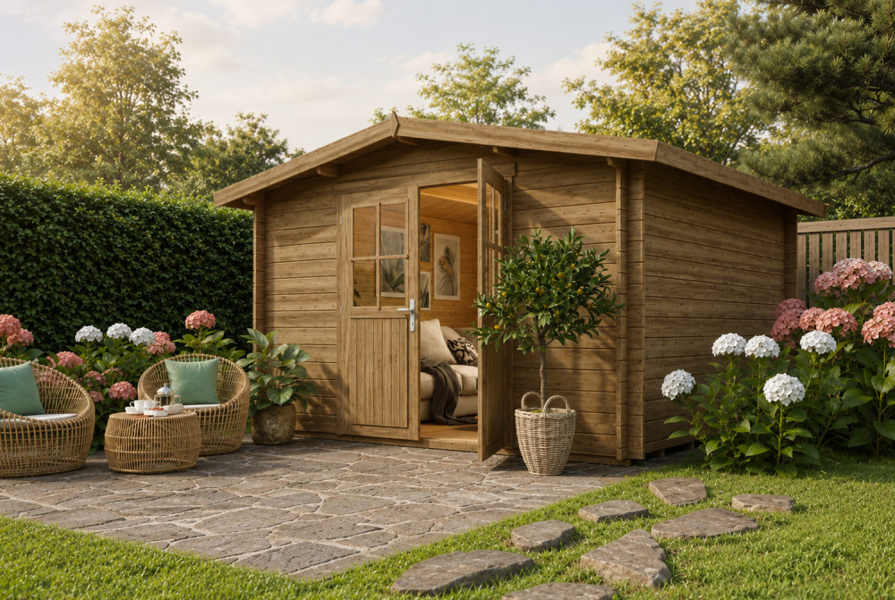 Abri de jardin bois traité autoclave ORIGINE 5D - Toit double pente - 10,92 m² - Madriers 28 mm