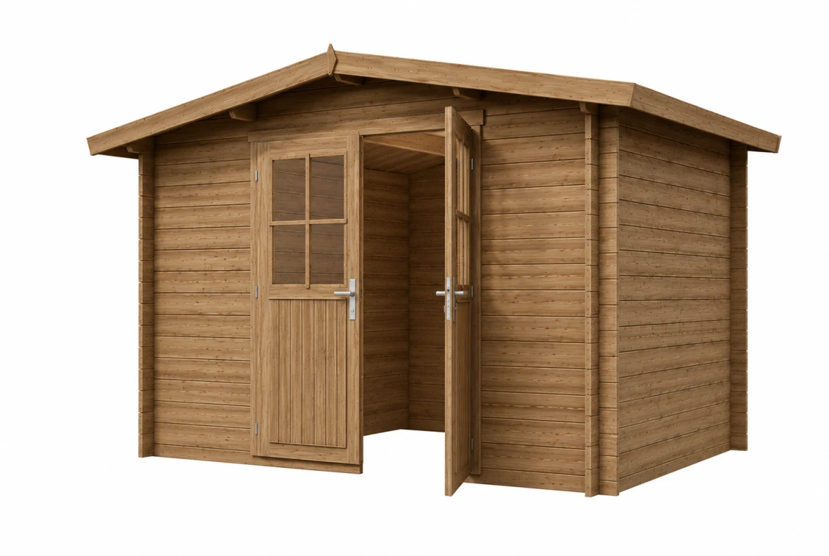 Abri de jardin bois traité autoclave ORIGINE 5D - Toit double pente - 10,92 m² - Madriers 28 mm