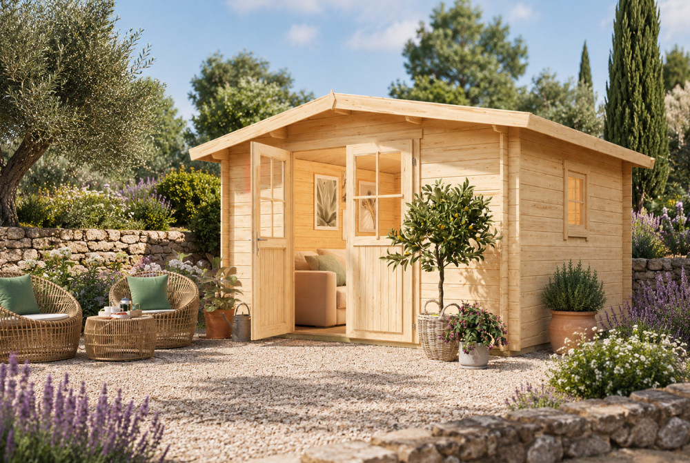 Abri de jardin bois brut ORIGINE 5E - Toit double pente - 10,92 m² - Madriers 28 mm