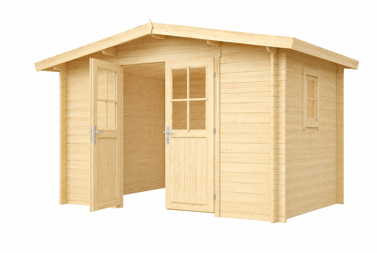 Abri de jardin bois brut ORIGINE 5E - Toit double pente - 10,92 m² - Madriers 28 mm