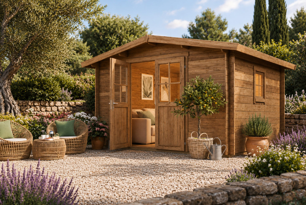 Abri de jardin bois traité autoclave ORIGINE 5E - Toit double pente - 10,92 m² - Madriers 28 mm