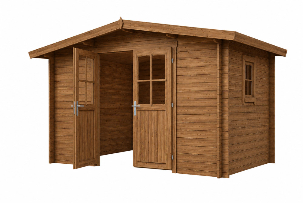 Abri de jardin bois traité autoclave ORIGINE 5E - Toit double pente - 10,92 m² - Madriers 28 mm