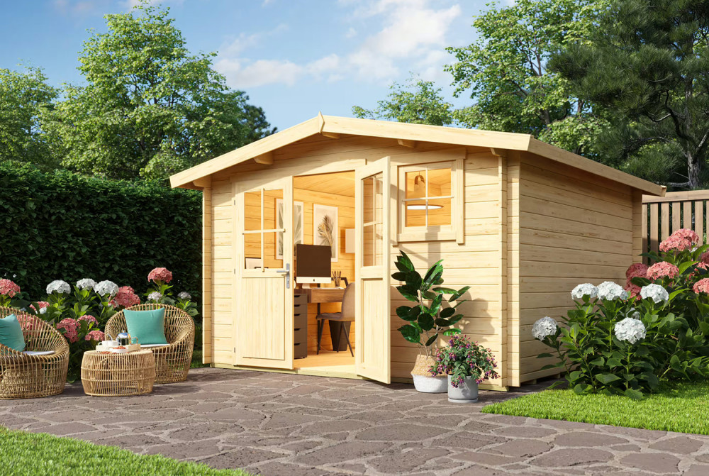 Abri de jardin bois brut ORIGINE 5F - Toit double pente - 10,92 m² - Madriers 28 mm
