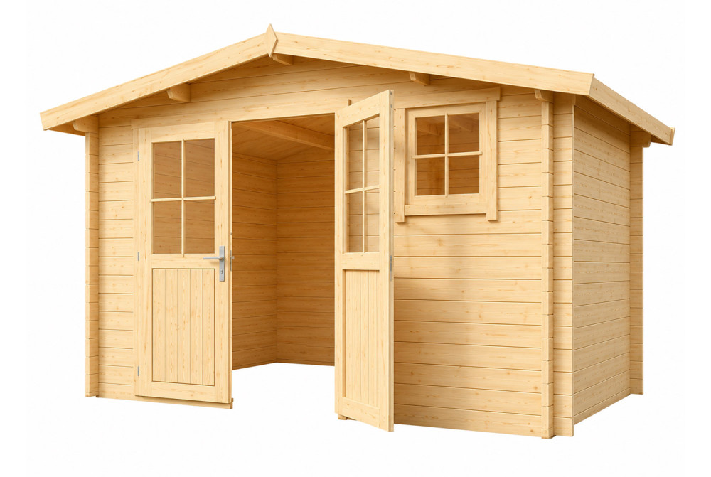 Abri de jardin bois brut ORIGINE 5F - Toit double pente - 10,92 m² - Madriers 28 mm