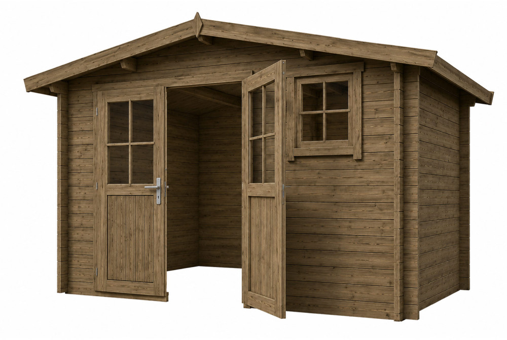 Abri de jardin bois traité autoclave ORIGINE 5F - Toit double pente - 10,92 m² - Madriers 28 mm