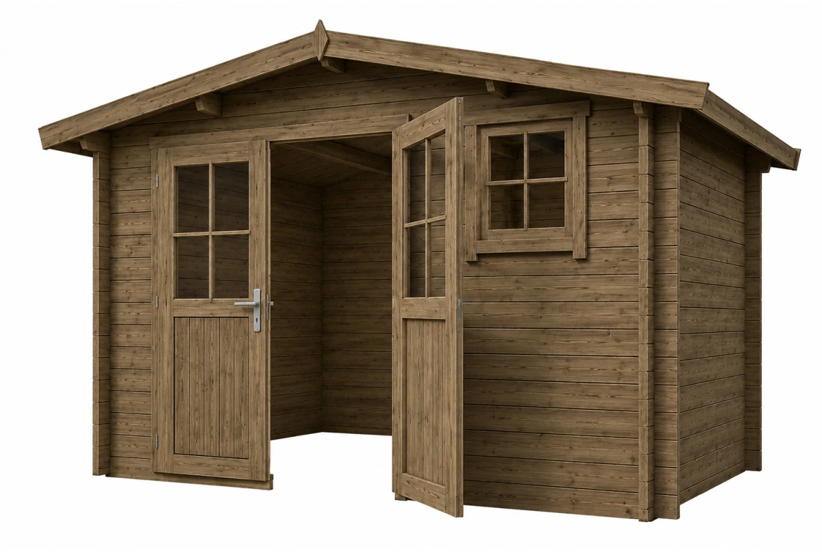 Abri de jardin bois traité autoclave ORIGINE 5F - Toit double pente - 10,92 m² - Madriers 28 mm