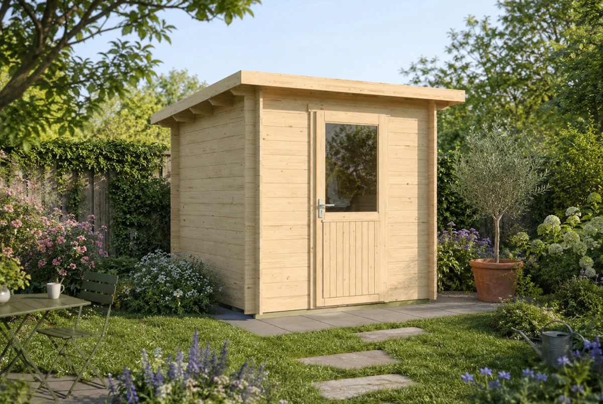 Abri de jardin bois brut HORIZON 1A - Toit plat - 4,18 m² - Madriers 28 mm