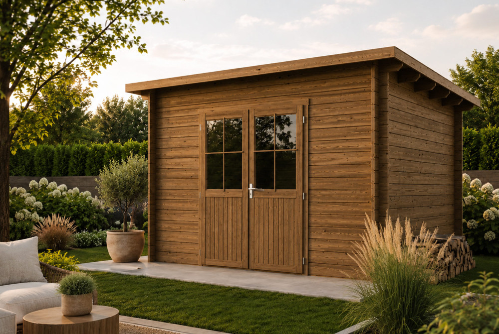 Abri de jardin bois traité autoclave HORIZON 4D - Toit plat - 8,93 m² - Madriers 28 mm