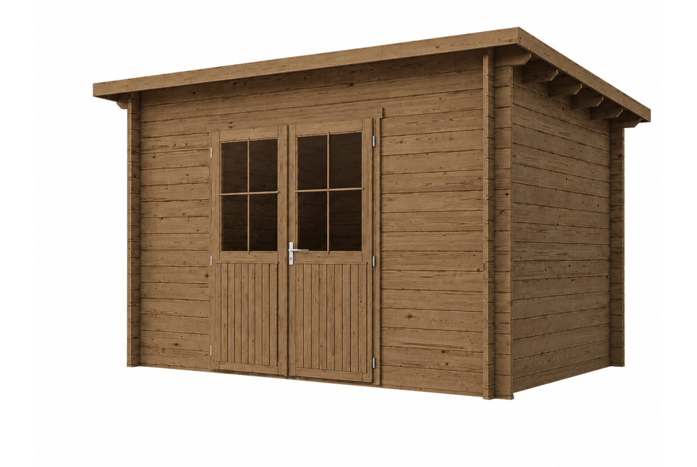Abri de jardin bois traité autoclave HORIZON 4D - Toit plat - 8,93 m² - Madriers 28 mm