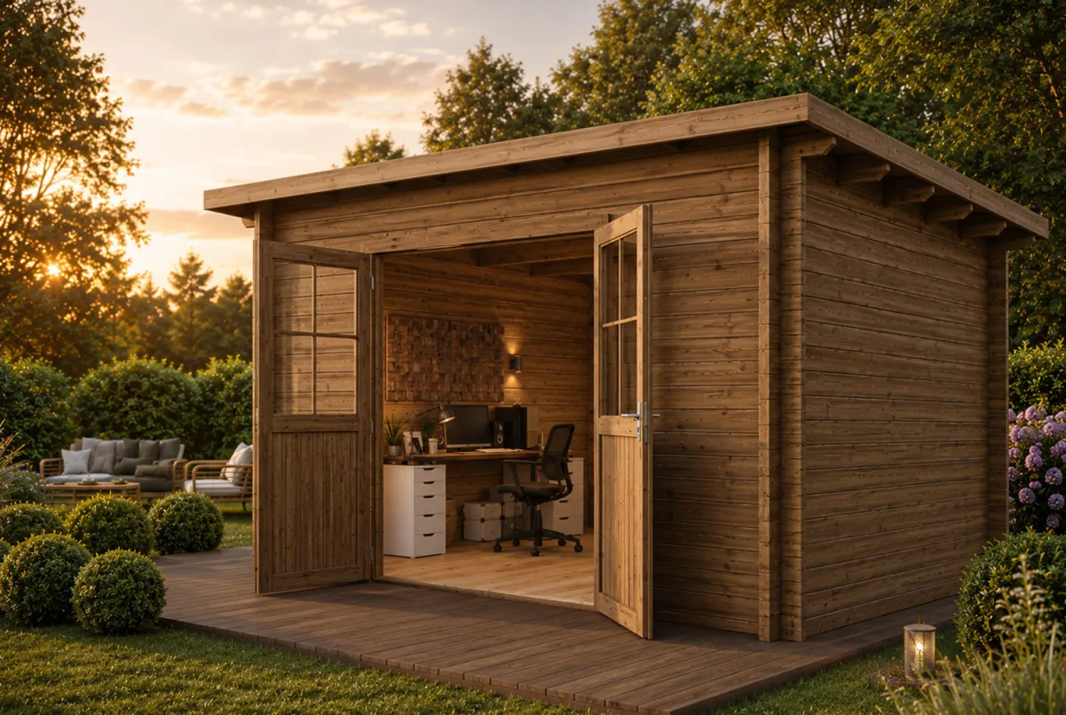 Abri de jardin bois traité autoclave HORIZON 5D - Toit plat - 10,92 m² - Madriers 28 mm