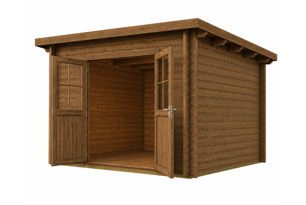 Abri de jardin bois traité autoclave HORIZON 5D - Toit plat - 10,92 m² - Madriers 28 mm