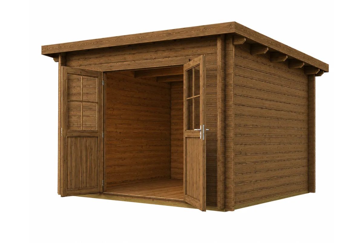 Abri de jardin bois traité autoclave HORIZON 5D - Toit plat - 10,92 m² - Madriers 28 mm