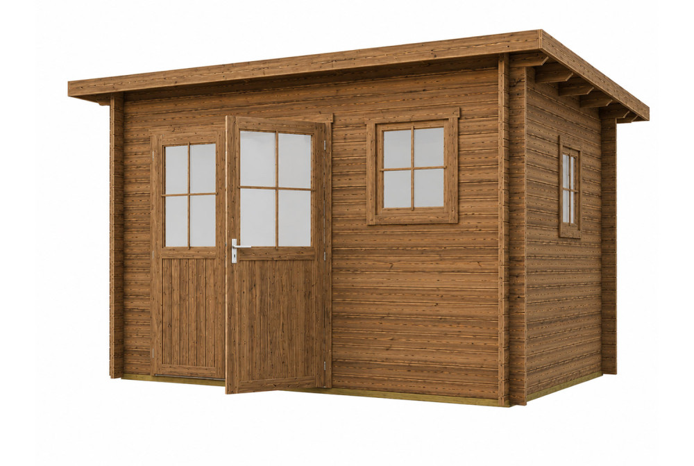 Abri de jardin bois traité autoclave HORIZON 5E - Toit plat - 10,92 m² - Madriers 28 mm