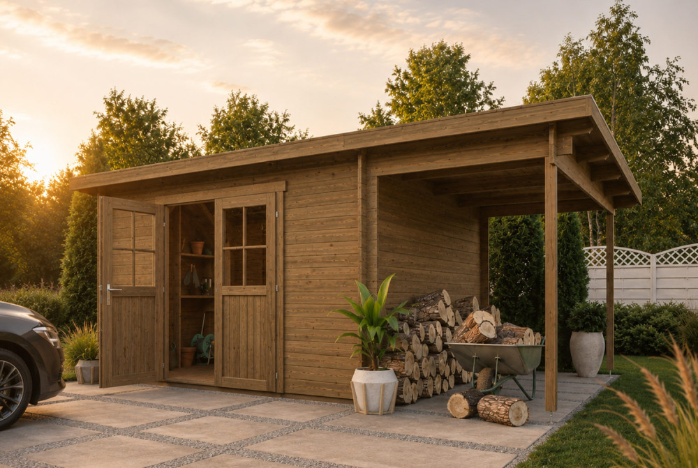 Abri de jardin bois traité autoclave HORIZON 5G - Toit plat avec appentis - 10,92 m² + 4,86 m² - Madriers 28 mm