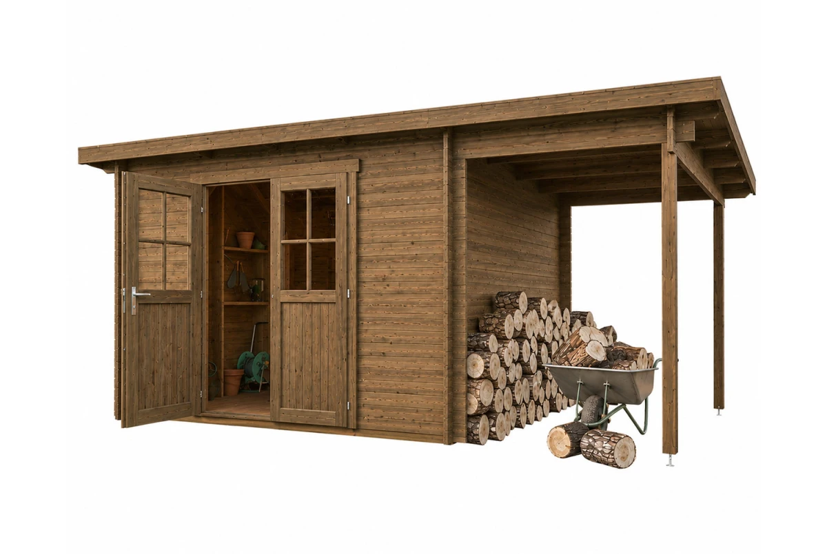 Abri de jardin bois traité autoclave HORIZON 5G - Toit plat avec appentis - 10,92 m² + 4,86 m² - Madriers 28 mm