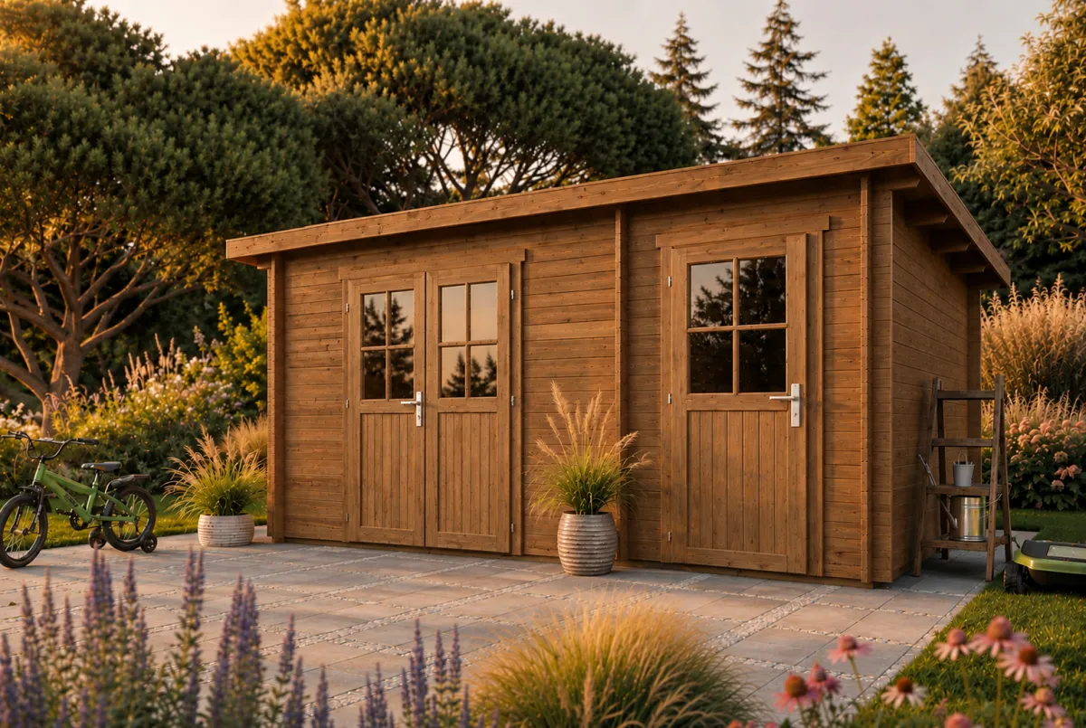 Abri de jardin bois traité autoclave HORIZON 5H - Toit plat - 2 pièces - 10,92 m² + 4,86 m² - Madriers 28 mm